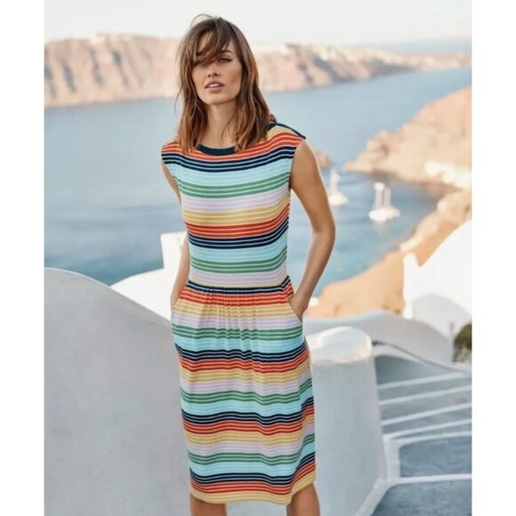 Boden Eleanor Rainbow Striped Midi Dress Sleeveless Boatneck Colorful Jersey 8 L - Picture 3 of 14